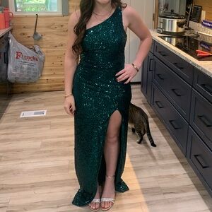 Emerald Green Sequin One-Shoulder Gown